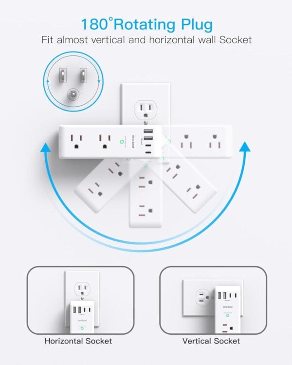 Surge Protector Outlet Extender Power Bar 6 AC with 4 USB Rotating Plug