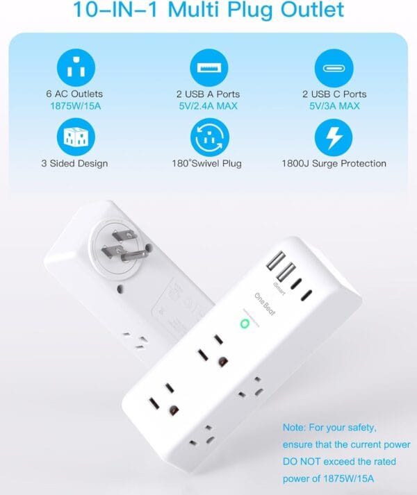 Surge Protector Outlet Extender Power Bar 6 AC with 4 USB Rotating Plug