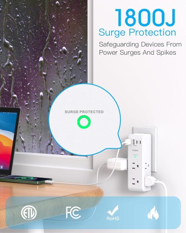 Surge Protector Outlet Extender Power Bar 6 AC with 4 USB Rotating Plug